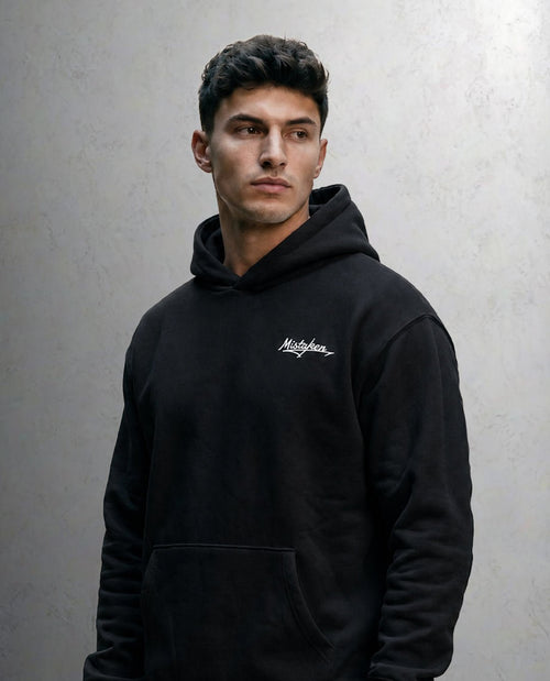 Black // Hoodie front view with Mistaken chest mark